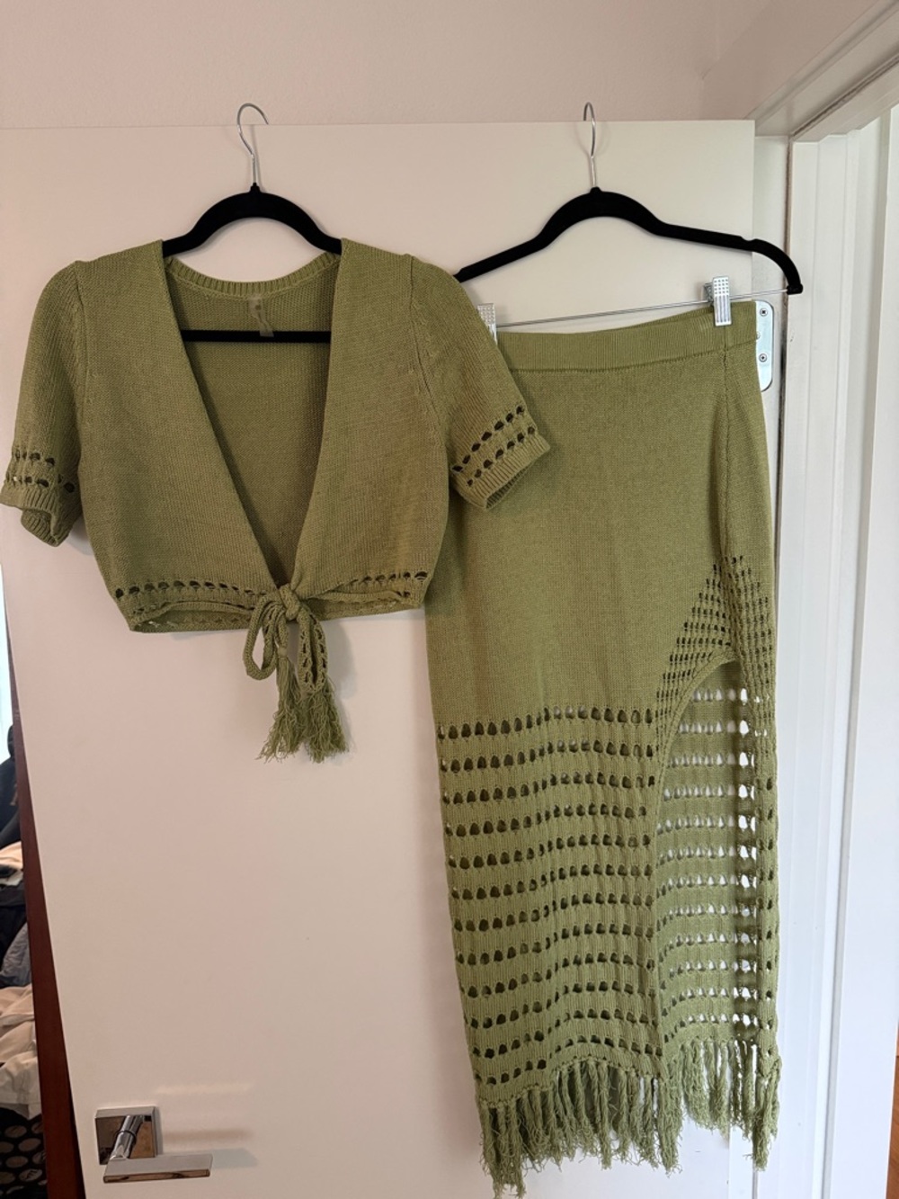 DEVON WINDSOR Olive Green Knit Tie-Front Crop Top & Fringe Maxi Skirt Set